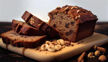 Pieces of American homemade sliced banana bread with chopped walnuts, chocolate, and cinnamon. Stack of pieces of bread. Breakfast concept. photo