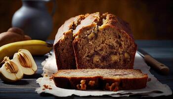 Homemade banana bread on wooden background. Banana Bread Nut Loaf. banana bread loaf that is sliced into with one slice in front. photo