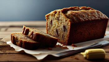 Homemade banana bread on wooden background. Banana Bread Nut Loaf. banana bread loaf that is sliced into with one slice in front. photo