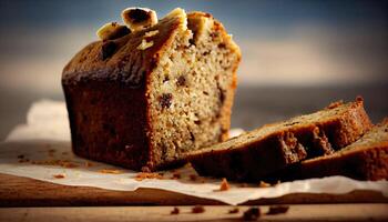 Homemade banana bread on wooden background. Banana Bread Nut Loaf. banana bread loaf that is sliced into with one slice in front. photo