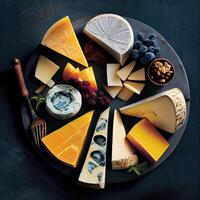 Cheese and wine tasting, cheese platter with figs, a flat lay, top shot. Assortment of cheeses. Top view Cheese variety on plate wood. Soft and hard cheeses. photo