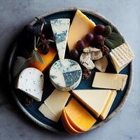 Cheese and wine tasting, cheese platter with figs, a flat lay, top shot. Assortment of cheeses. Top view Cheese variety on plate wood. Soft and hard cheeses. photo