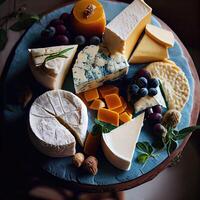 Cheese and wine tasting, cheese platter with figs, a flat lay, top shot. Assortment of cheeses. Top view Cheese variety on plate wood. Soft and hard cheeses. photo