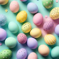 Top view photo of easter decorations multicolored easter eggs on isolated pastel background. Colorful Easter Egg bottom border over a pastel paper banner background.