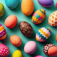 Top view photo of easter decorations multicolored easter eggs on isolated pastel background. Colorful Easter Egg bottom border over a pastel paper banner background.