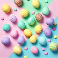 Top view photo of easter decorations multicolored easter eggs on isolated pastel background. Colorful Easter Egg bottom border over a pastel paper banner background.
