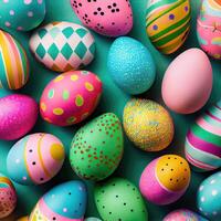 Top view photo of easter decorations multicolored easter eggs on isolated pastel background. Colorful Easter Egg bottom border over a pastel paper banner background.