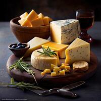 Different types of cheeses on a wooden background. Assortment of cheeses. Side view. Cheese variety on dark rustic backgrounds. Soft and hard cheeses. photo