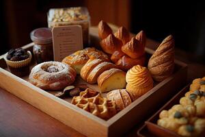 bakery interior with display counters full of scrumptious bread and pastries. Shop a patisserie or bakery with croissants, apple pies, waffles, and churros. Freshly baked pastries. photo