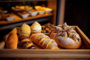 panadería interior con monitor contadores lleno de de chuparse los dedos un pan y pasteles tienda un pastelería o panadería con cruasanes, manzana empanadas, gofres, y churros. recién horneado pasteles generativo ai foto