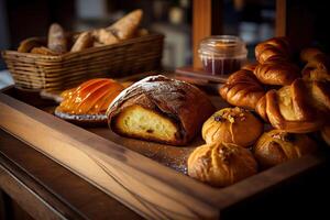 bakery interior with display counters full of scrumptious bread and pastries. Shop a patisserie or bakery with croissants, apple pies, waffles, and churros. Freshly baked pastries. photo