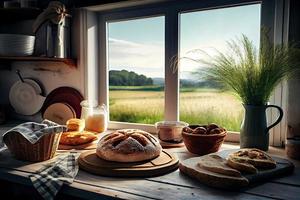 Fresh bread on the kitchen table in front of a window with a countryside panorama, healthy eating and traditional bakery concept. Genrative Ai photo