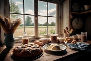 Fresh bread on the kitchen table in front of a window with a countryside panorama, healthy eating and traditional bakery concept. Genrative Ai photo