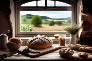 Fresco un pan en el cocina mesa en frente de un ventana con un campo panorama, sano comiendo y tradicional panadería concepto. generativo ai foto