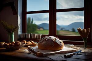 Fresh bread on the kitchen table in front of a window with a countryside panorama, healthy eating and traditional bakery concept. Genrative Ai photo