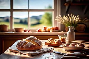 Fresh bread on the kitchen table in front of a window with a countryside panorama, healthy eating and traditional bakery concept. Genrative Ai photo