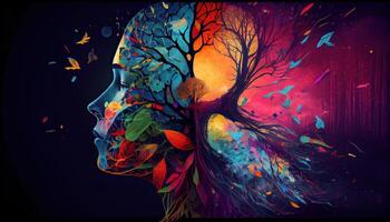 human brain concept. Creative part and colorful forest and nature. Colorful vector brain illustration, brain hand-drawn painting of forest nature. Non-existent person. photo