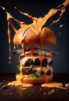 American food. Burger layers isolated. Separated burger layers. Hamburger explosion. Cheeseburger flying fillings isolated. Levitation of burger and cheese, meat, lettuce. photo