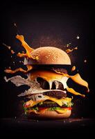 American food. Burger layers isolated. Separated burger layers. Hamburger explosion. Cheeseburger flying fillings isolated. Levitation of burger and cheese, meat, lettuce. photo