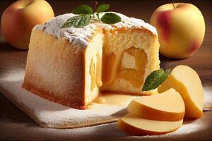 Sponge cake or chiffon cake with apples, so soft and delicious with ingredients eggs, flour, apples on wooden table. Homemade bakery concept for background and wallpaper. . photo