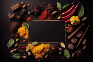 variety of spices and herbs on a background of a black table, with empty space for text or labels. Various spices for cooking on a rustic wooden background banner with copy space. . photo