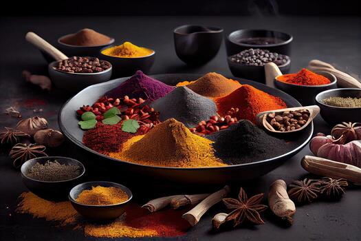 variety of spices and herbs on a background of a black table, with empty space for text or labels. Various spices for cooking on a rustic wooden background banner with copy space. . photo