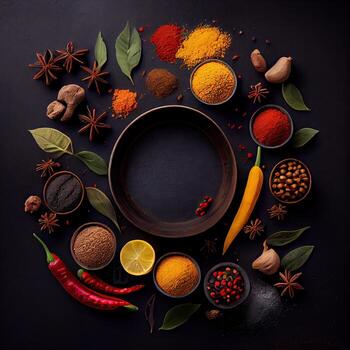 variety of spices and herbs on a background of a black table, with empty space for text or labels. Various spices for cooking on a rustic wooden background banner with copy space. . photo