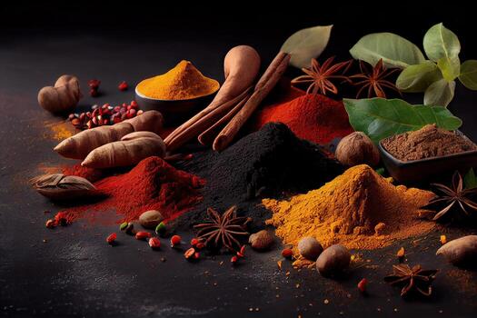 variety of spices and herbs on a background of a black table, with empty space for text or labels. Various spices for cooking on a rustic wooden background banner with copy space. . photo