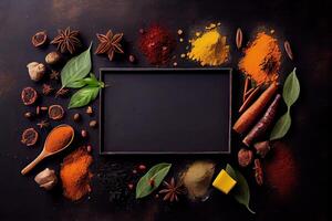 variety of spices and herbs on a background of a black table, with empty space for text or labels. Various spices for cooking on a rustic wooden background banner with copy space. . photo