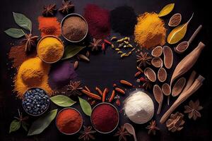 variety of spices and herbs on a background of a black table, with empty space for text or labels. Various spices for cooking on a rustic wooden background banner with copy space. . photo