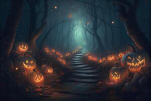 Halloween background. Spooky pumpkin with moon and dark forest. Halloween design with copyspace. Jack O Lanterns In Spooky Forest At Moonlight Halloween. photo