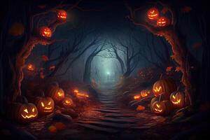 Halloween background. Spooky pumpkin with moon and dark forest. Halloween design with copyspace. Jack O Lanterns In Spooky Forest At Moonlight Halloween. photo