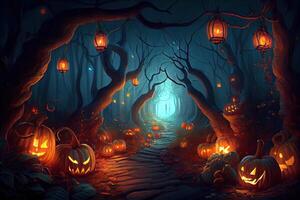 Halloween background. Spooky pumpkin with moon and dark forest. Halloween design with copyspace. Jack O Lanterns In Spooky Forest At Moonlight Halloween. photo