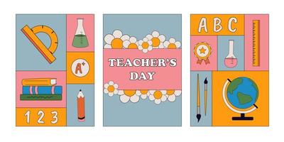 Mosaic fashion posters for the Teacher's Day holiday. Vector postcards for Teacher's Day. School supplies in retro style. Ruler, pencil, test tube, numbers, letters, books in cartoon style.