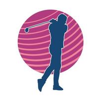 Silhouette of a male golf athlete swinging his golf club or golf stick. Silhouette of a golfer in action pose. vector