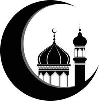 A black silhouette of a crescent moon with a mosque dome and minaret inside vector