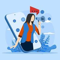 Web promotion concept. Women attract new customers, advertise on social networks. People scene template. Vector illustration with character activity in flat design for website