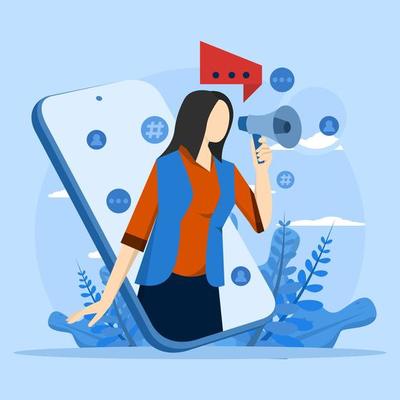 Web promotion concept. Women attract new customers, advertise on social networks. People scene template. Vector illustration with character activity in flat design for website