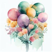 illustration balloon painted in watercolor. Watercolor air balloons. Heart Balloon Colored Icon. illustration of bunch of Heart Balloon. photo