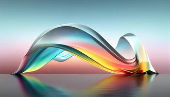 3d render abstract background in nature landscape. Transparent glossy glass ribbon on water. Holographic curved wave in motion. Iridescent design element for background, wallpaper. photo