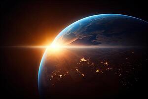 hermosa planeta tierra visto desde espacio, aéreo ver de amanecer y puesta de sol aéreo vista. generativo ai foto