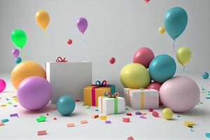 Celebration, Birthday party background with colorful party hat, confetti, gift boxes and other decor. Colorful accessories for parties on wooden table. Copy space photo