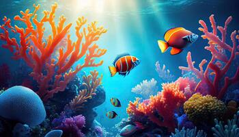 Underwater scene. Coral reef, colorful fish groups and sunny sky shining through clean ocean water. Space underwater for you to fill or just use standalone. High res. photo