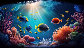 submarino escena. coral arrecife, vistoso pescado grupos y soleado cielo brillante mediante limpiar Oceano agua. espacio submarino para usted a llenar o sólo utilizar ser único. alto res. generativo ai foto