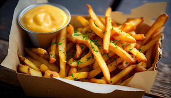 French fries or potato chips with sour cream and ketchup. Tasty french fries on cutting board, on wooden table background. photo