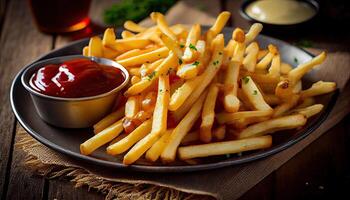 French fries or potato chips with sour cream and ketchup. Tasty french fries on cutting board, on wooden table background. photo