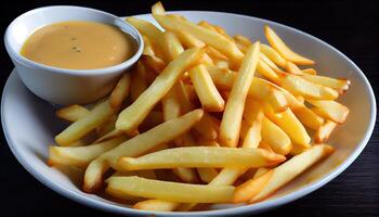 French fries or potato chips with sour cream and ketchup. Tasty french fries on cutting board, on wooden table background. photo