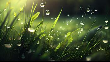 Green meadow under blue sky with clouds. spring grass background. Nature green grass with bokeh background.. photo