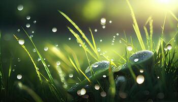 Green meadow under blue sky with clouds. spring grass background. Nature green grass with bokeh background.. photo