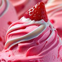 Strawberry Ice Cream Background Macro. Beautiful Ice-Cream Balls close up. strawberry ice cream scoop from the side view on textured ice cream background. photo